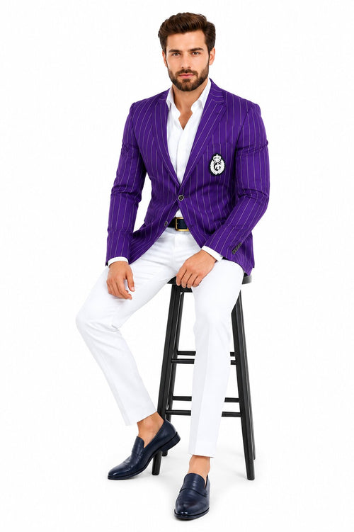Purple Pinstripe Blazer With White Pants - Suit - Party Blazer by USA Men's Outlet