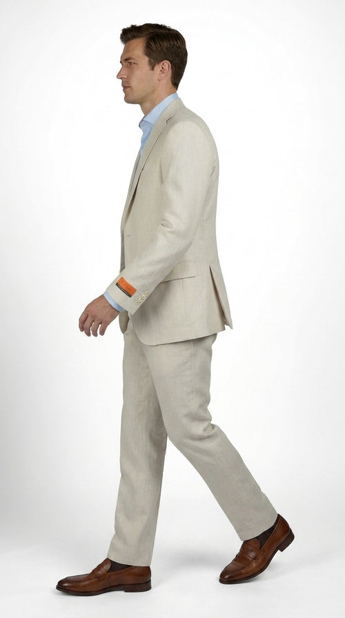 Mens Real ENZO Tovare Linen Spring Summer Suit – Lightweight Breathable Light Beige Wedding Suit