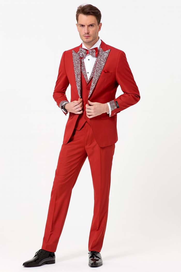 Men’s Red And White Lapel Three-Piece Tuxedo with Sequin Lapel and Matching Bow Tie - Chirstmas Suit by USA Men's Outlet