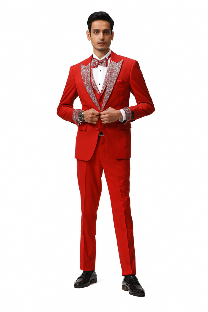 Men’s Red And White Lapel Three-Piece Tuxedo with Sequin Lapel and Matching Bow Tie - Chirstmas Suit by USA Men's Outlet