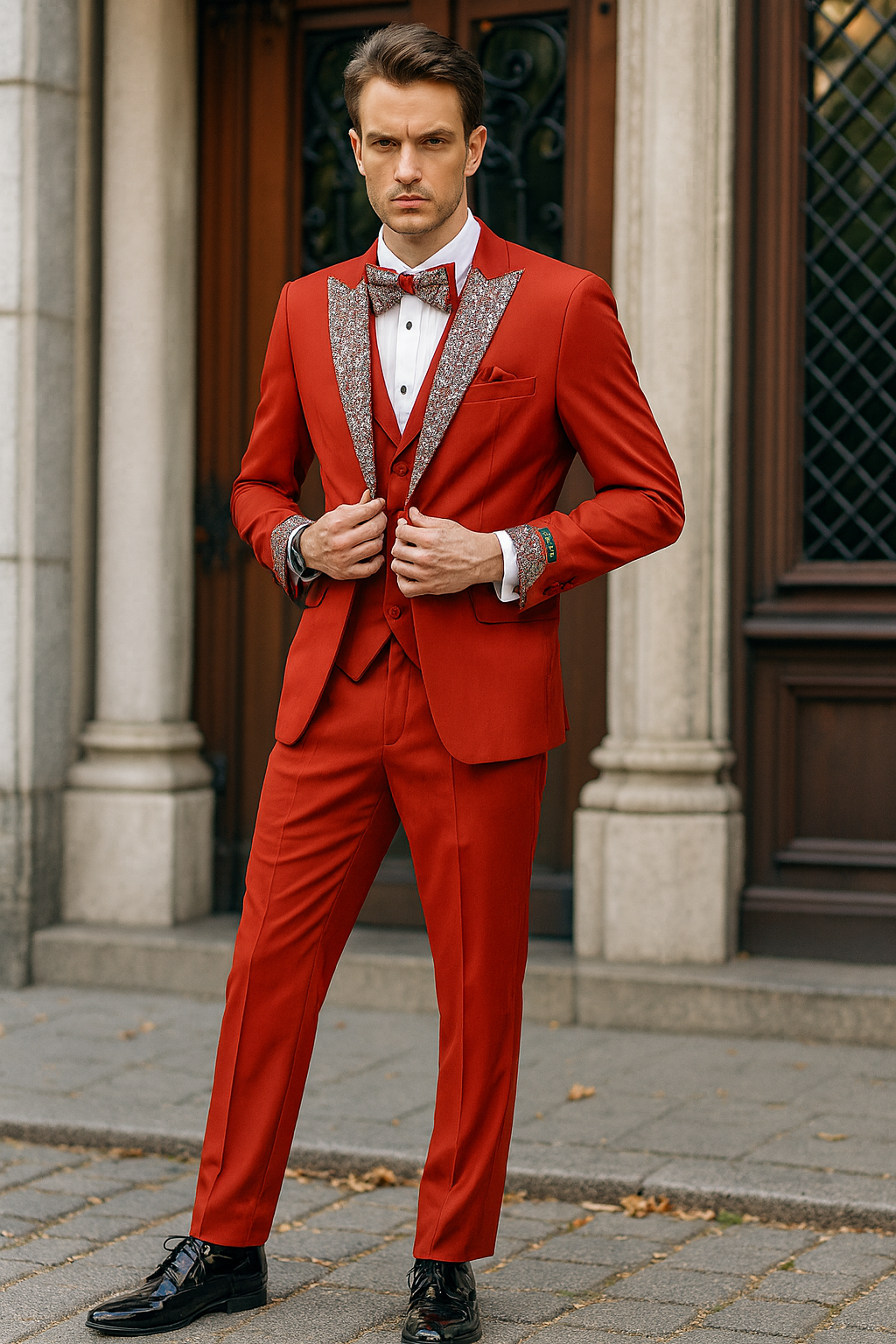 Men’s Red And White Lapel Three-Piece Tuxedo with Sequin Lapel and Matching Bow Tie - Chirstmas Suit