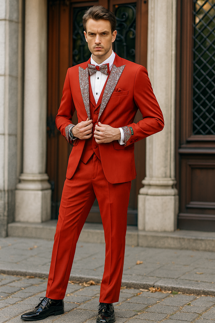 Men’s Red And White Lapel Three-Piece Tuxedo with Sequin Lapel and Matching Bow Tie - Chirstmas Suit by USA Men's Outlet