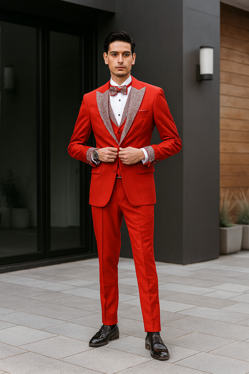 Men’s Red And White Lapel Three-Piece Tuxedo with Sequin Lapel and Matching Bow Tie - Chirstmas Suit