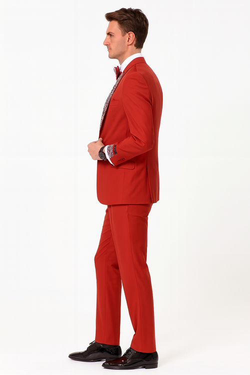 Men’s Red And White Lapel Three-Piece Tuxedo with Sequin Lapel and Matching Bow Tie - Chirstmas Suit