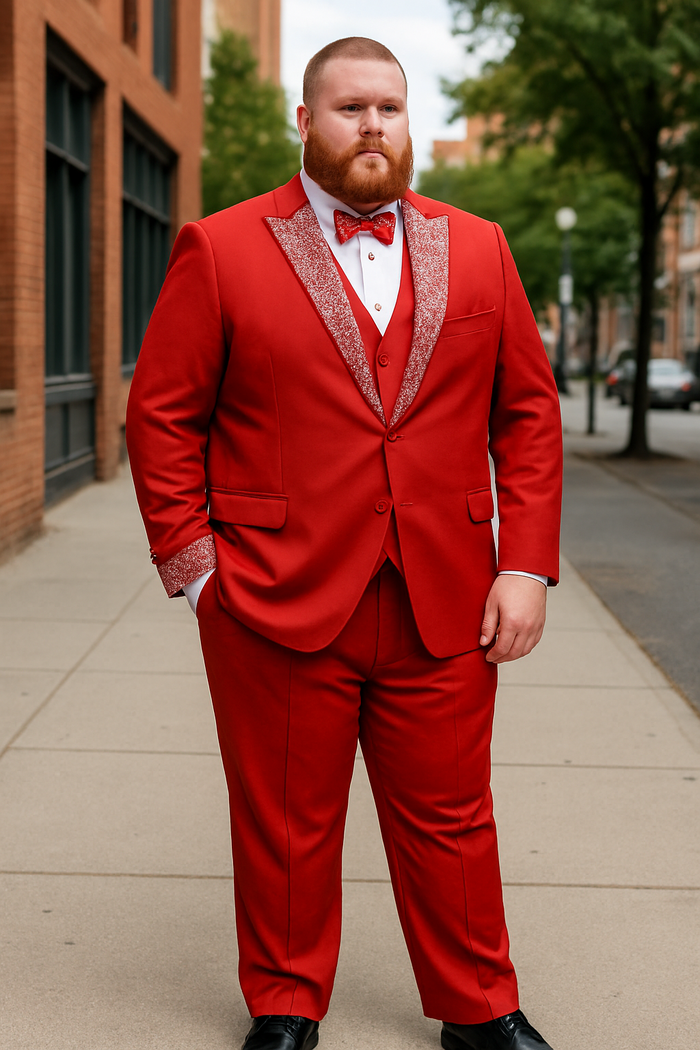 Men’s Red And White Lapel Three-Piece Tuxedo with Sequin Lapel and Matching Bow Tie - Chirstmas Suit by USA Men's Outlet