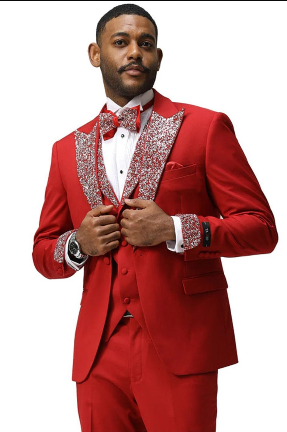 Men’s Red And White Lapel Three-Piece Tuxedo with Sequin Lapel and Matching Bow Tie - Chirstmas Suit