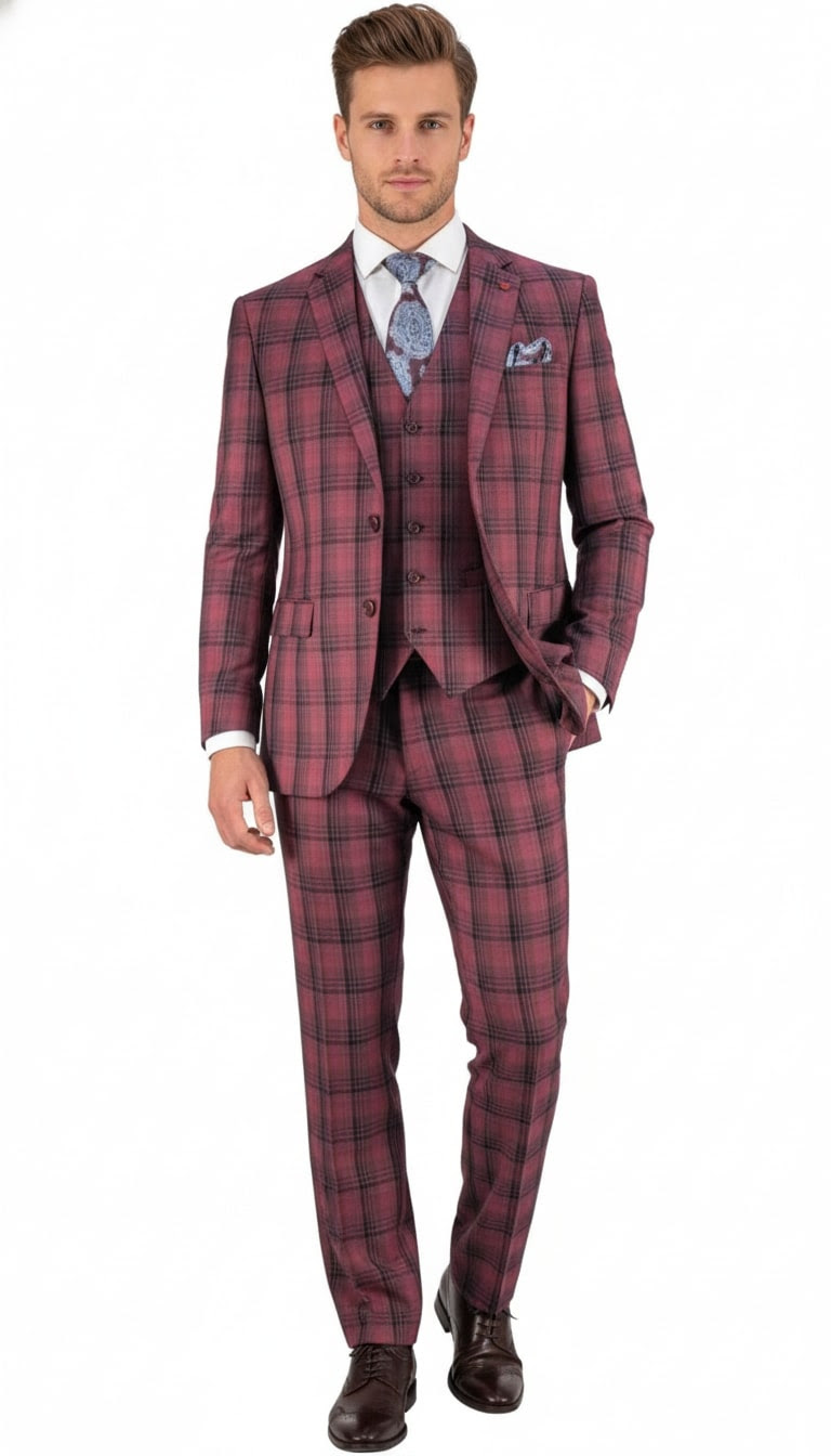 Mens Red Burgundy Plaid 3-Piece Suit - Classic Checkered Modern Fit Suit for Weddings, Church and Formal Events - USA Men's Outlet