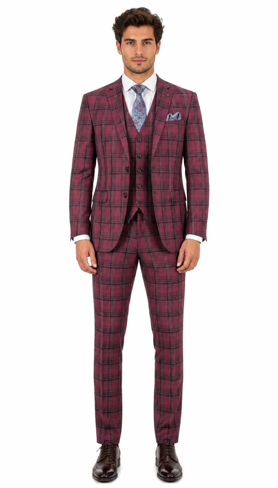 Mens Red Burgundy Plaid 3-Piece Suit - Classic Checkered Modern Fit Suit for Weddings, Church and Formal Events - USA Men's Outlet