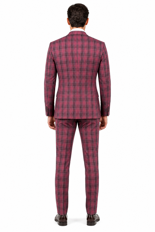 Mens Red Burgundy Plaid 3-Piece Suit - Classic Checkered Modern Fit Suit for Weddings, Church and Formal Events - USA Men's Outlet