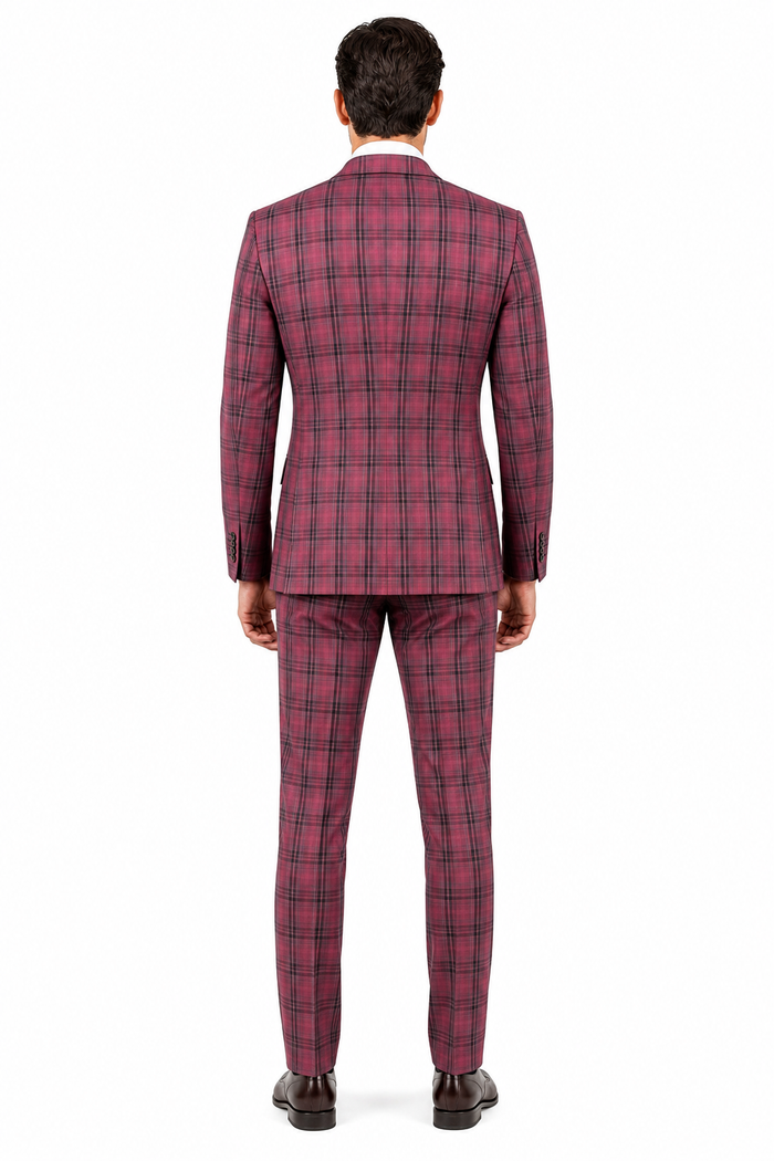 Mens Red Burgundy Plaid 3-Piece Suit - Classic Checkered Modern Fit Suit for Weddings, Church and Formal Events - USA Men's Outlet
