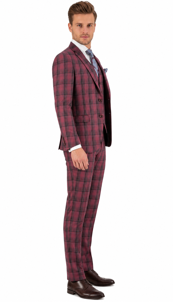 Mens Red Burgundy Plaid 3-Piece Suit - Classic Checkered Modern Fit Suit for Weddings, Church and Formal Events - USA Men's Outlet