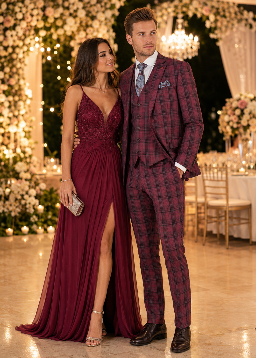 Mens Red Burgundy Plaid 3-Piece Suit - Classic Checkered Modern Fit Suit for Weddings, Church and Formal Events - USA Men's Outlet