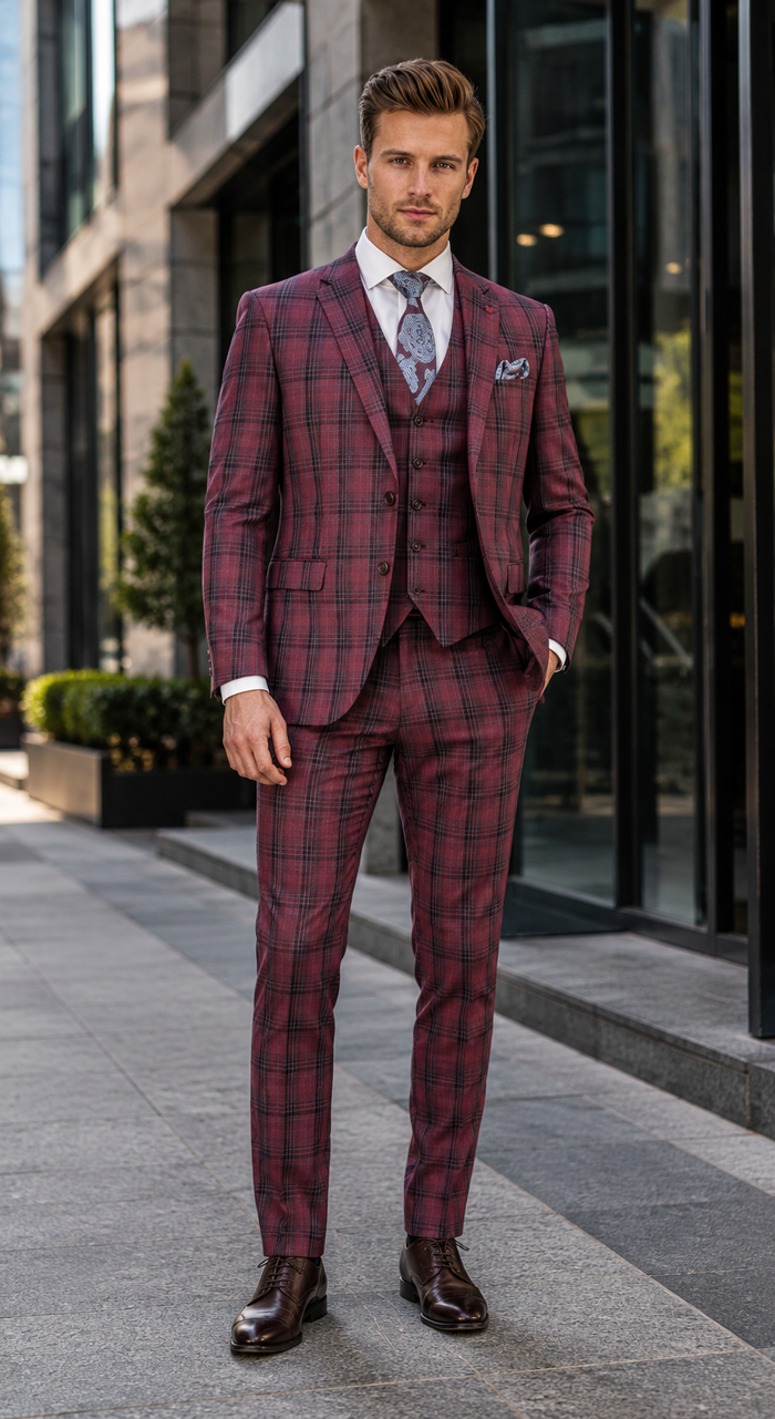 Mens Red Burgundy Plaid 3-Piece Suit - Classic Checkered Modern Fit Suit for Weddings, Church and Formal Events - USA Men's Outlet
