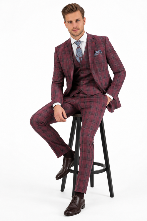 Mens Red Burgundy Plaid 3-Piece Suit - Classic Checkered Modern Fit Suit for Weddings, Church and Formal Events - USA Men's Outlet