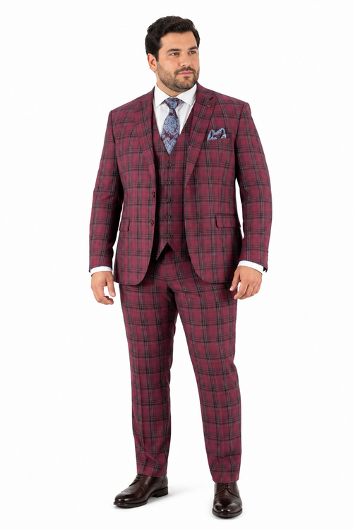 Mens Red Burgundy Plaid 3-Piece Suit - Classic Checkered Modern Fit Suit for Weddings, Church and Formal Events - USA Men's Outlet
