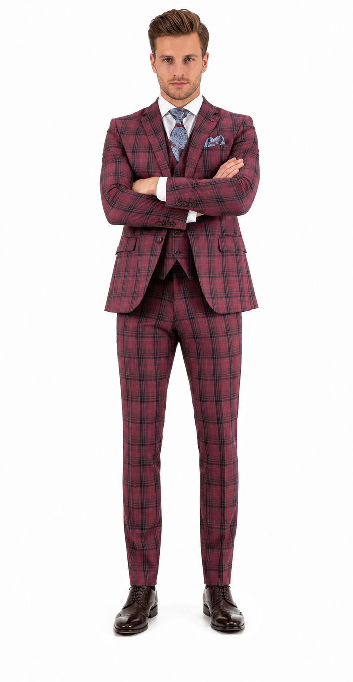 Mens Red Burgundy Plaid 3-Piece Suit - Classic Checkered Modern Fit Suit for Weddings, Church and Formal Events - USA Men's Outlet