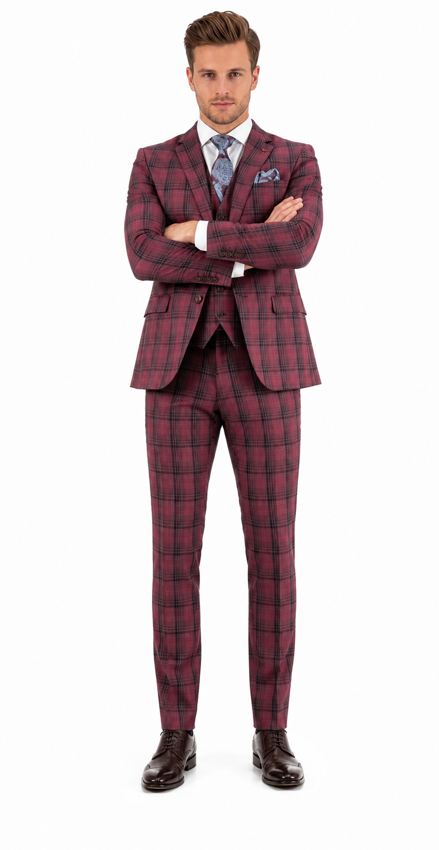 Mens Red Burgundy Plaid 3-Piece Suit - Classic Checkered Modern Fit Suit for Weddings, Church and Formal Events - USA Men's Outlet