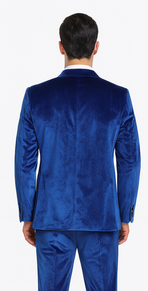 Tazzio Men’s Velvet Suit in Royal Blue – Designer 2-Piece Slim Fit Tuxedo Style