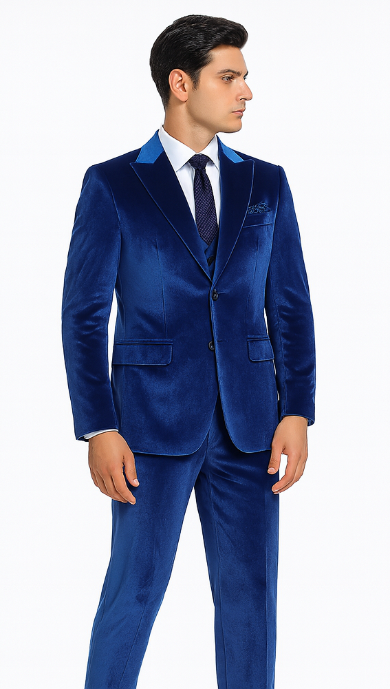 Tazzio Men’s Velvet Suit in Royal Blue – Designer 2-Piece Slim Fit Tuxedo Style