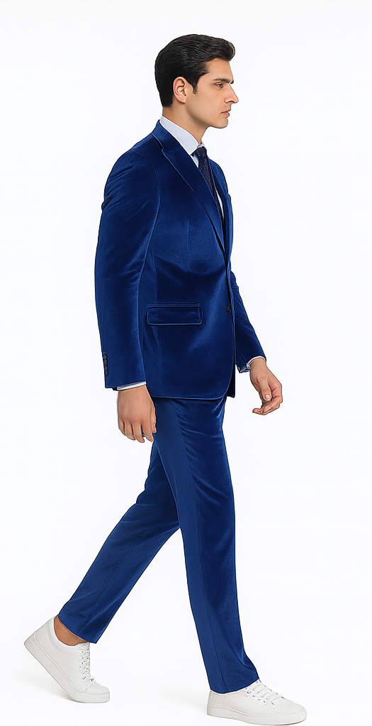 Tazzio Men’s Velvet Suit in Royal Blue – Designer 2-Piece Slim Fit Tuxedo Style