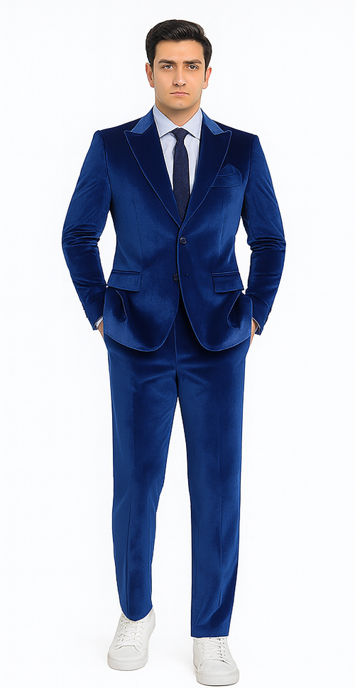 Tazzio Men’s Velvet Suit in Royal Blue – Designer 2-Piece Slim Fit Tuxedo Style