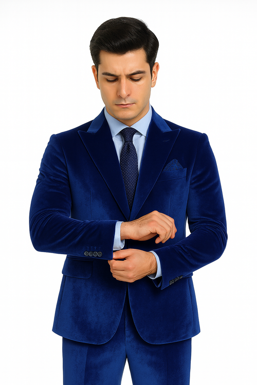 Tazzio Men’s Velvet Suit in Royal Blue – Designer 2-Piece Slim Fit Tuxedo Style