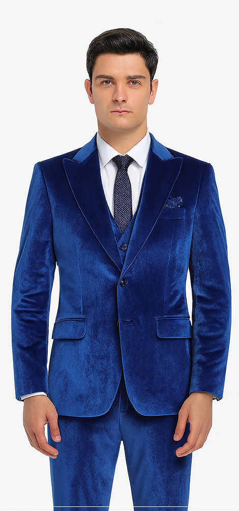 Tazzio Men’s Velvet Suit in Royal Blue – Designer 2-Piece Slim Fit Tuxedo Style