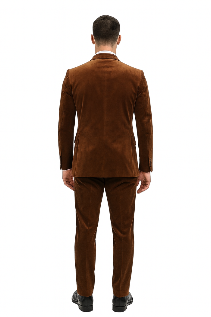 Mens Brown Velvet 2-Piece Suit - Luxury Slim Fit Formal Blazer and Pants Set in Rust Copper Color by USA Men's Outlet