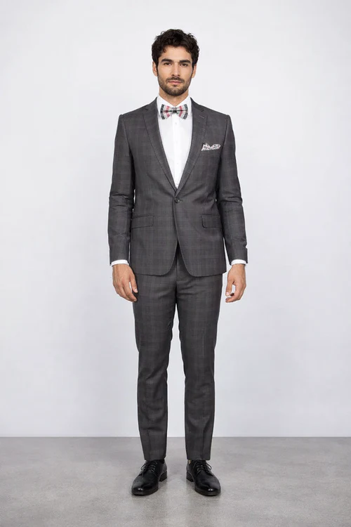 Men’s Slim Fit Charcoal Plaid Suit by Rossiman Rossi - 1-Button Jacket & Tapered Pants - Italian Tailored 3-Piece Luxury Suit USA Men's Outlet