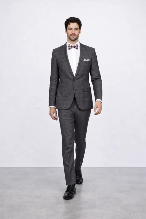 Men’s Slim Fit Charcoal Plaid Suit by Rossiman Rossi - 1-Button Jacket & Tapered Pants - Italian Tailored 3-Piece Luxury Suit USA Men's Outlet
