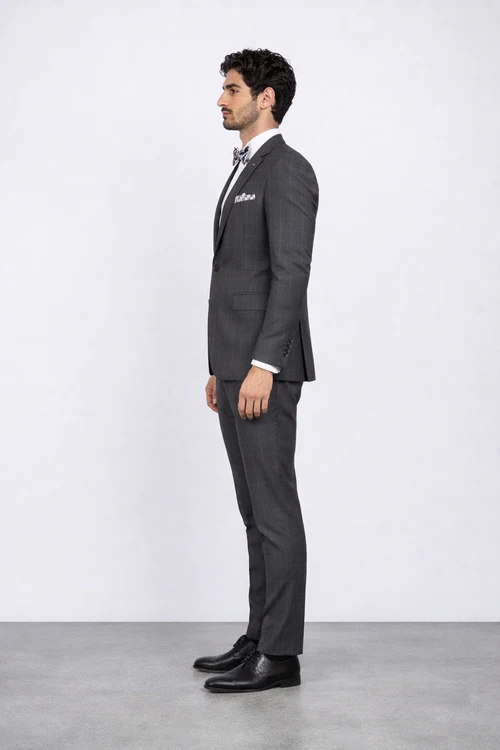 Men’s Slim Fit Charcoal Plaid Suit by Rossiman Rossi - 1-Button Jacket & Tapered Pants - Italian Tailored 3-Piece Luxury Suit USA Men's Outlet