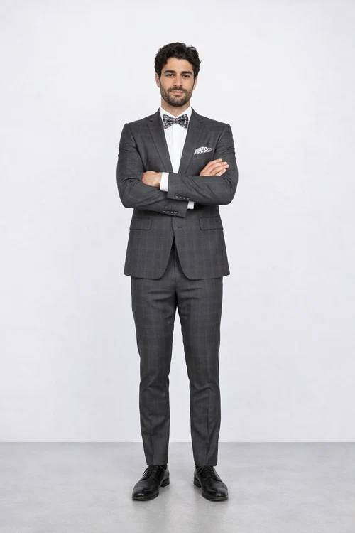 Men’s Slim Fit Charcoal Plaid Suit by Rossiman Rossi - 1-Button Jacket & Tapered Pants - Italian Tailored 3-Piece Luxury Suit USA Men's Outlet