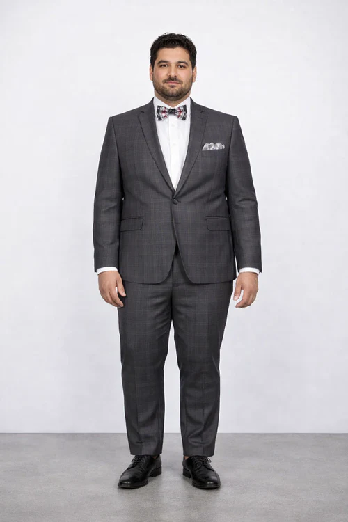 Men’s Slim Fit Charcoal Plaid Suit by Rossiman Rossi - 1-Button Jacket & Tapered Pants - Italian Tailored 3-Piece Luxury Suit USA Men's Outlet