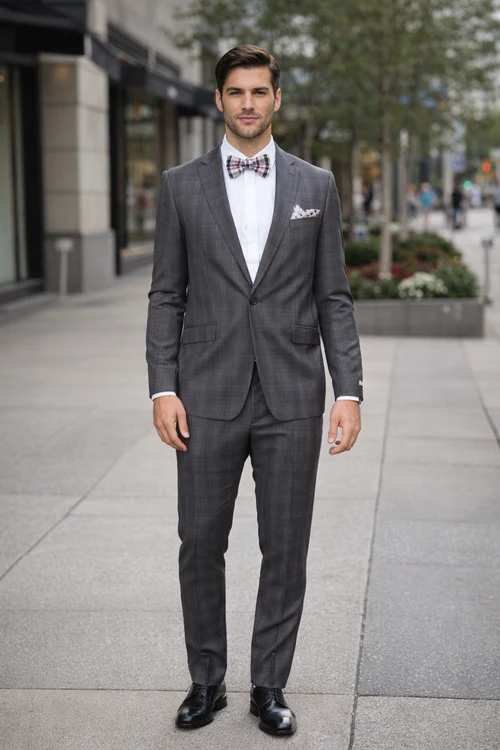 Men’s Slim Fit Charcoal Plaid Suit by Rossiman Rossi - 1-Button Jacket & Tapered Pants - Italian Tailored 3-Piece Luxury Suit USA Men's Outlet