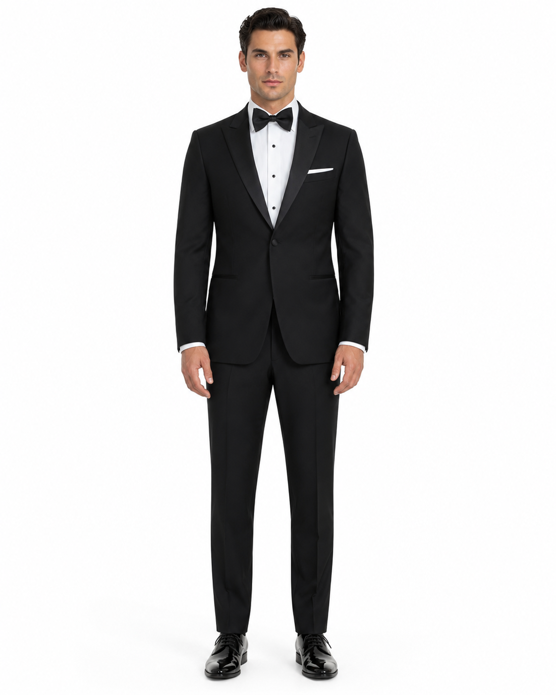 Mens Designer Kenneth Cole Slim Fit One Button Peak Tuxedo in Black - Mens Slim Fitted Tuxedo by Designer Tuxedos