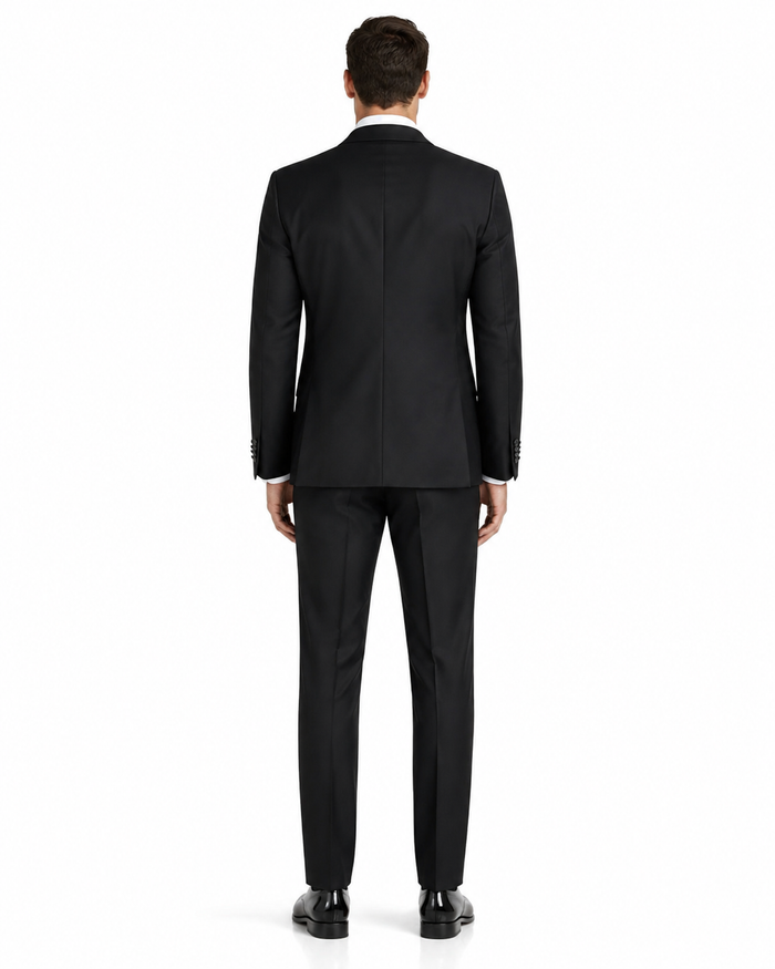 Mens Designer Kenneth Cole Slim Fit One Button Peak Tuxedo in Black - Mens Slim Fitted Tuxedo by Designer Tuxedos