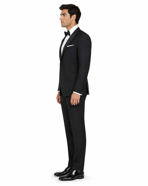 Mens Designer Kenneth Cole Slim Fit One Button Peak Tuxedo in Black - Mens Slim Fitted Tuxedo by Designer Tuxedos