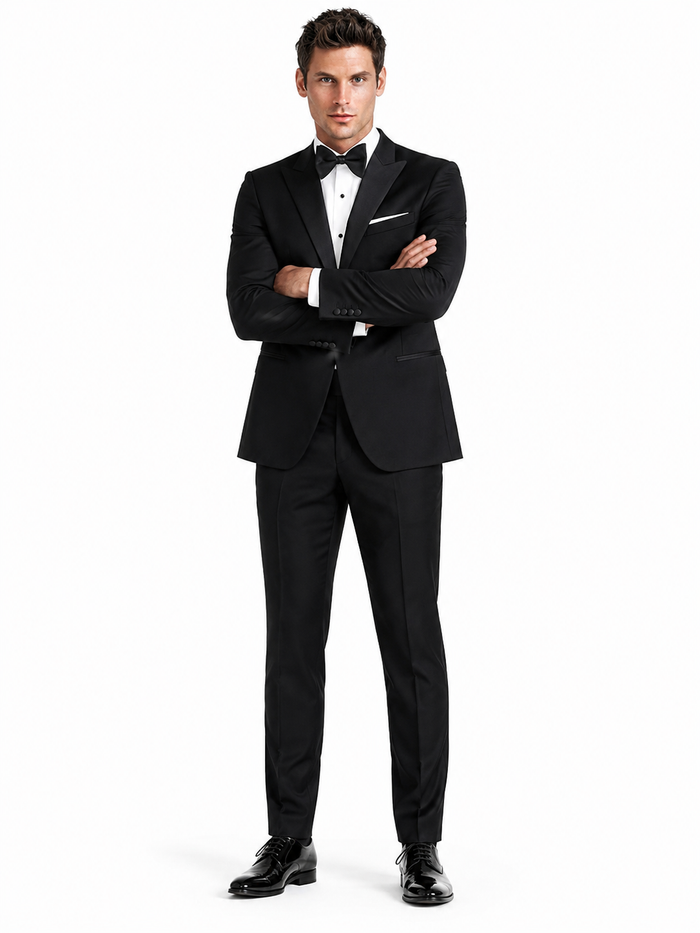Mens Designer Kenneth Cole Slim Fit One Button Peak Tuxedo in Black - Mens Slim Fitted Tuxedo by Designer Tuxedos
