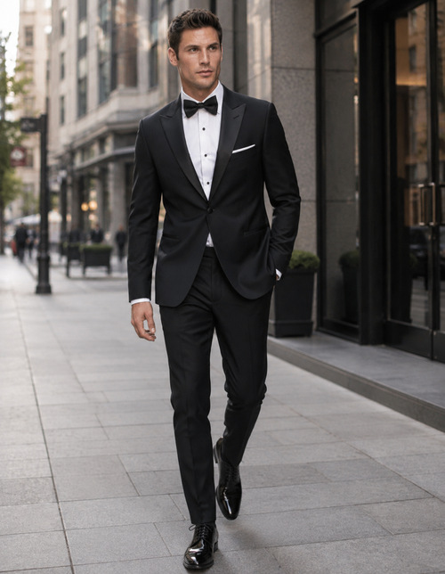 Mens Designer Kenneth Cole Slim Fit One Button Peak Tuxedo in Black - Mens Slim Fitted Tuxedo by Designer Tuxedos