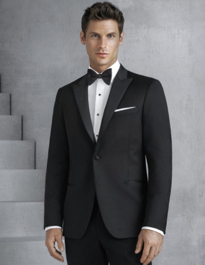 Mens Designer Kenneth Cole Slim Fit One Button Peak Tuxedo in Black - Mens Slim Fitted Tuxedo by Designer Tuxedos