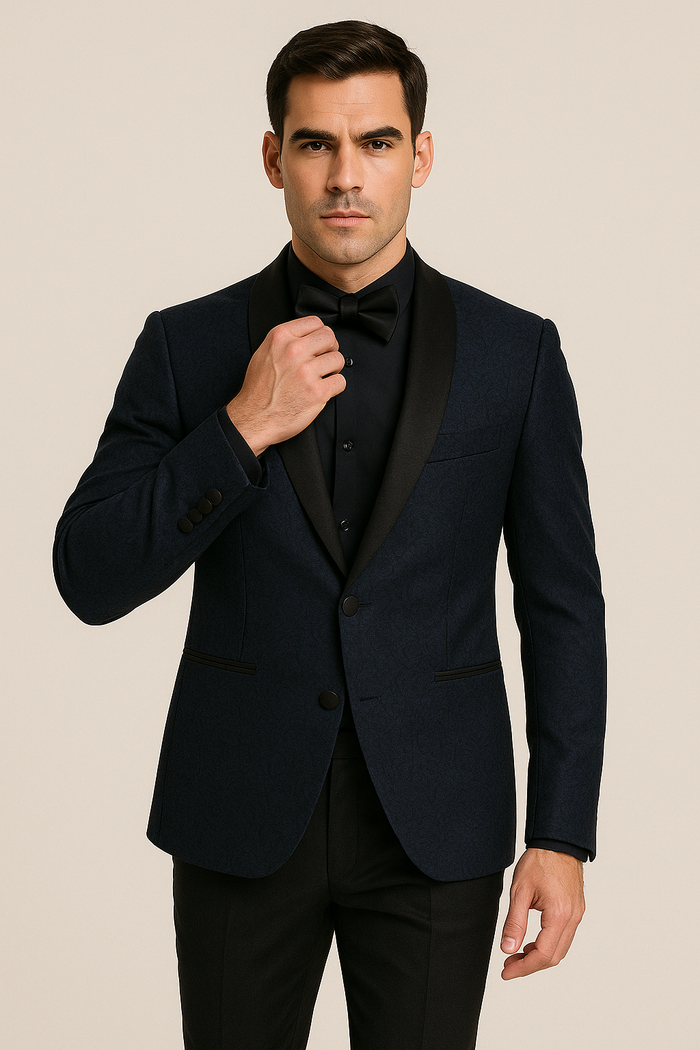 Mens Slim Fit Paisley Shawl Lapel Prom Dinner Jacket Tuxedo Blazer in Navy Blue by menstuxedousain