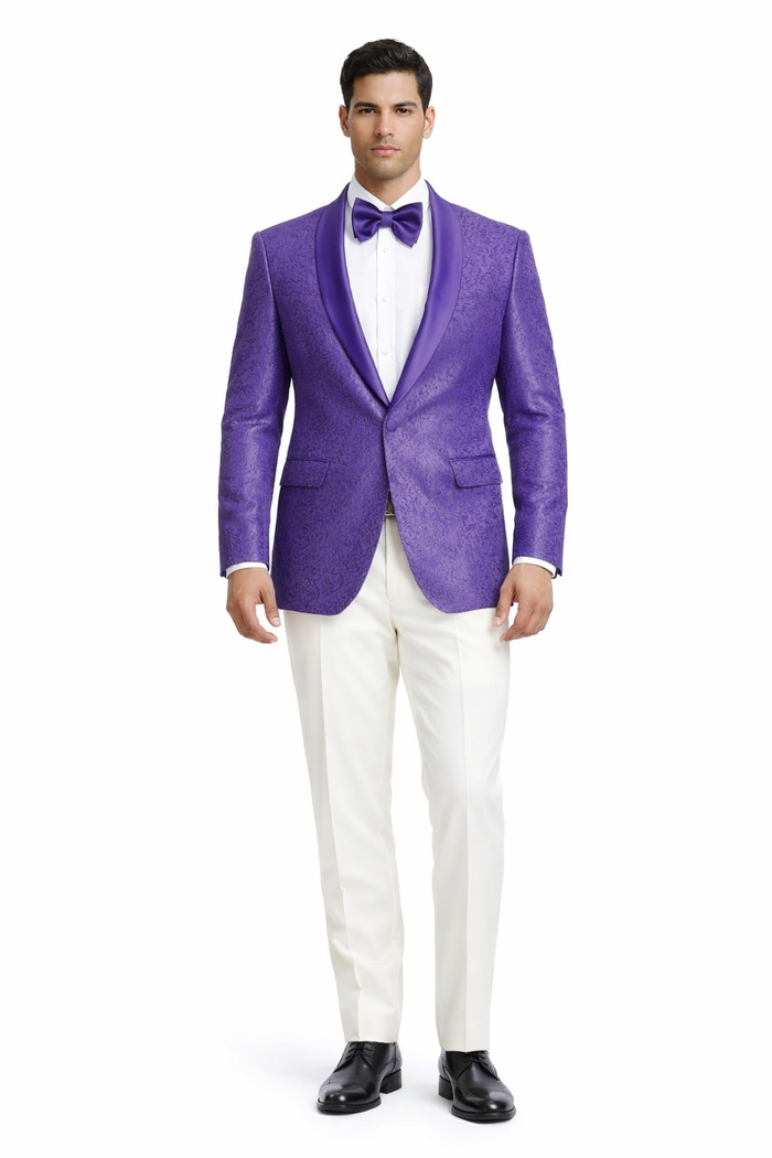 The Tazio Look: Slim Fit Purple Paisley Tux Jacket for Weddings and Proms.