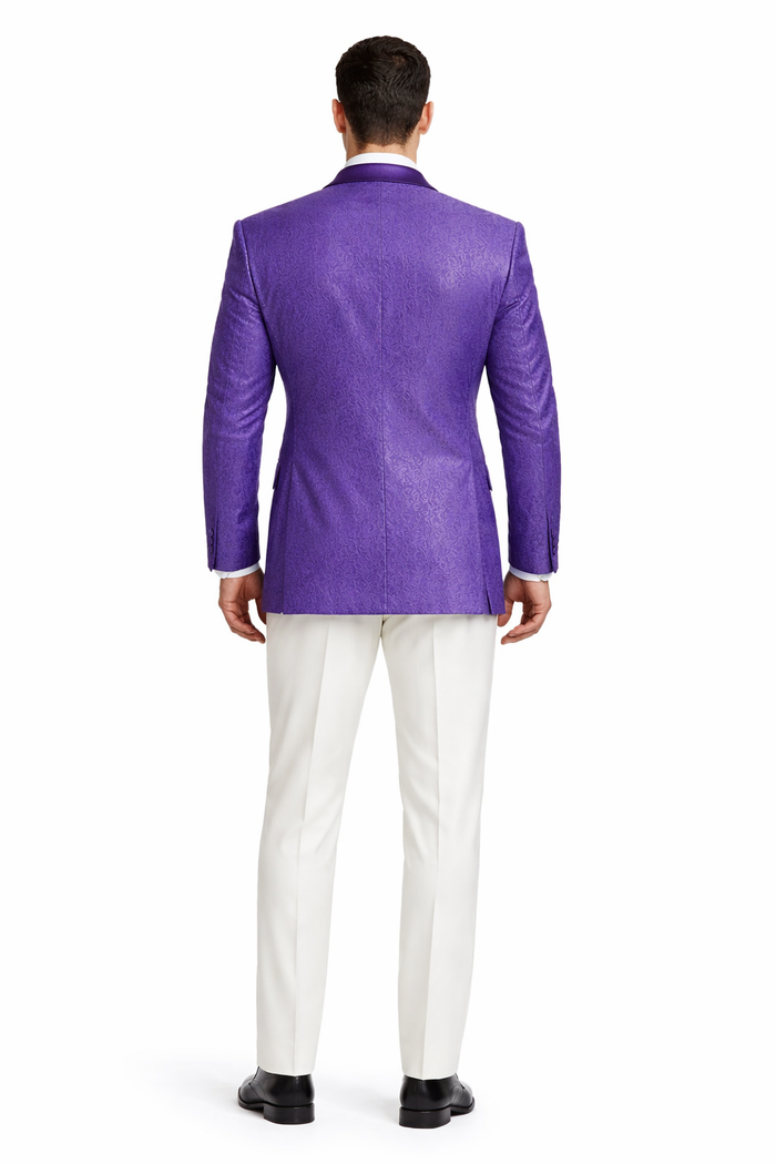 The Tazio Look: Slim Fit Purple Paisley Tux Jacket for Weddings and Proms.
