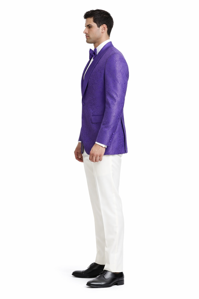 The Tazio Look: Slim Fit Purple Paisley Tux Jacket for Weddings and Proms.