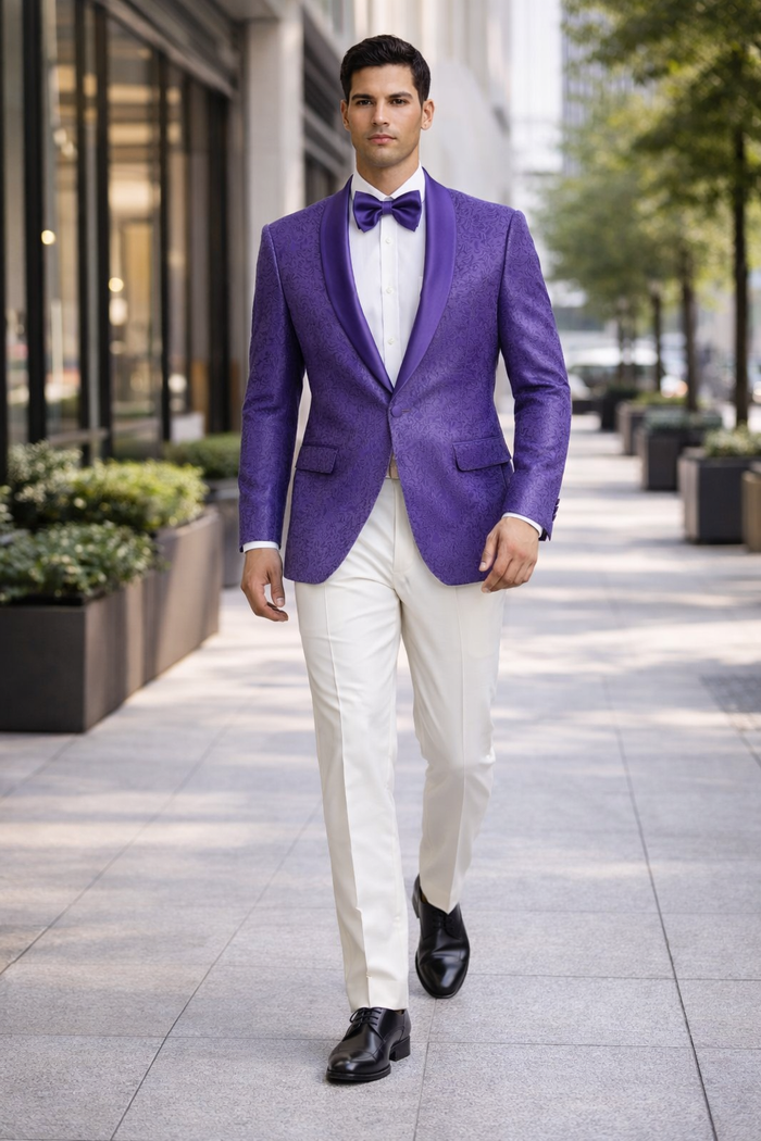 The Tazio Look: Slim Fit Purple Paisley Tux Jacket for Weddings and Proms.