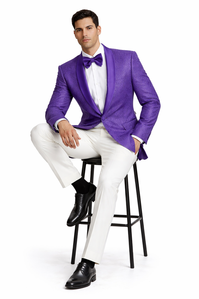 The Tazio Look: Slim Fit Purple Paisley Tux Jacket for Weddings and Proms.