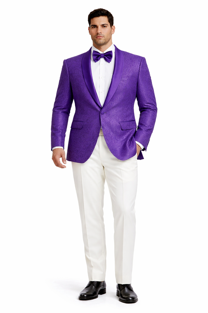 The Tazio Look: Slim Fit Purple Paisley Tux Jacket for Weddings and Proms.