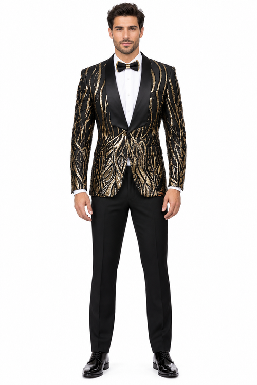 Black Prom Suit - Mens Square Shawl Lapel Black & Gold Sequin Prom Tuxedo Jacket