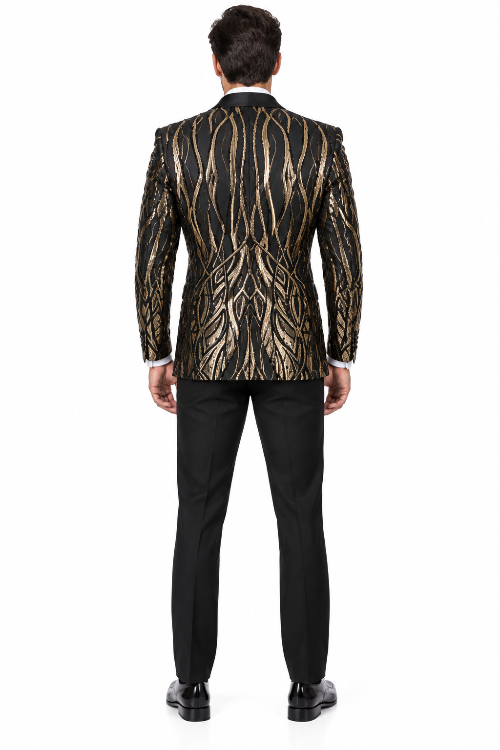 Black Prom Suit - Mens Square Shawl Lapel Black & Gold Sequin Prom Tuxedo Jacket
