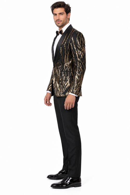 Black Prom Suit - Mens Square Shawl Lapel Black & Gold Sequin Prom Tuxedo Jacket